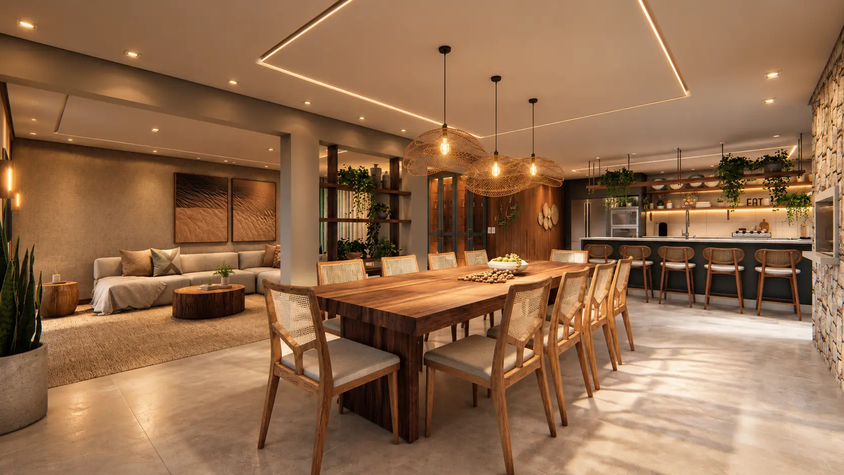 Sala depois da reforma, com acabamento em mármore, madeira e luz embutida