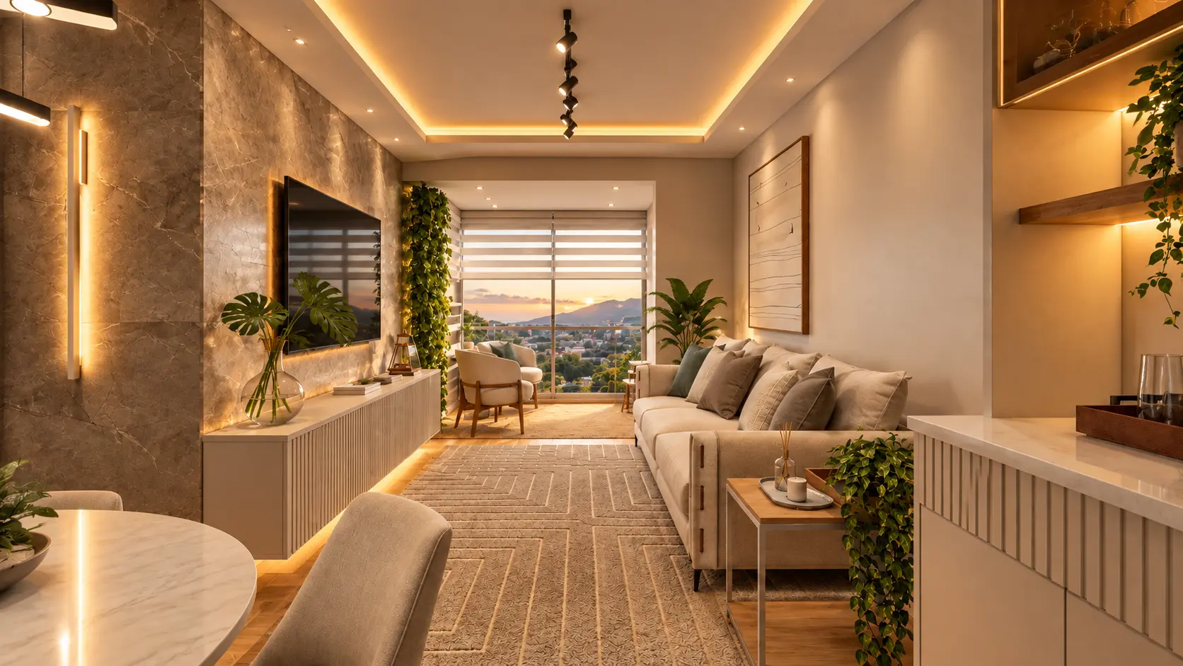 Interior residencial de alto padrão executado com acabamento em pedra, madeira e luz natural