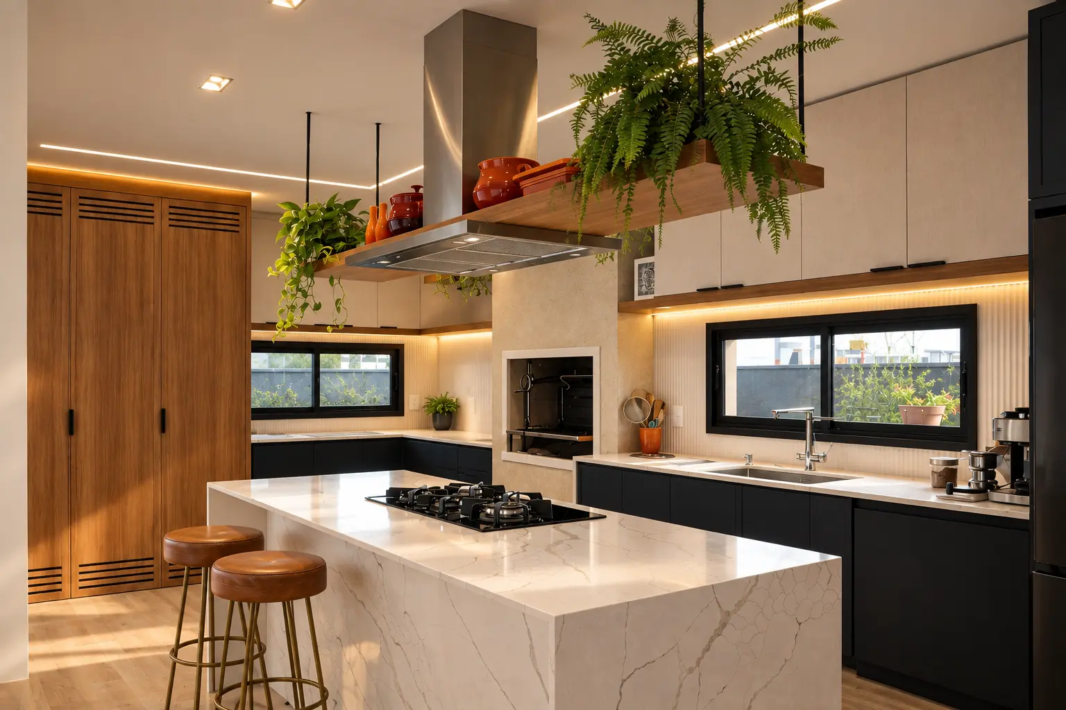 Cozinha gourmet de alto padrão com ilha em quartzo, marcenaria em madeira e plantas suspensas