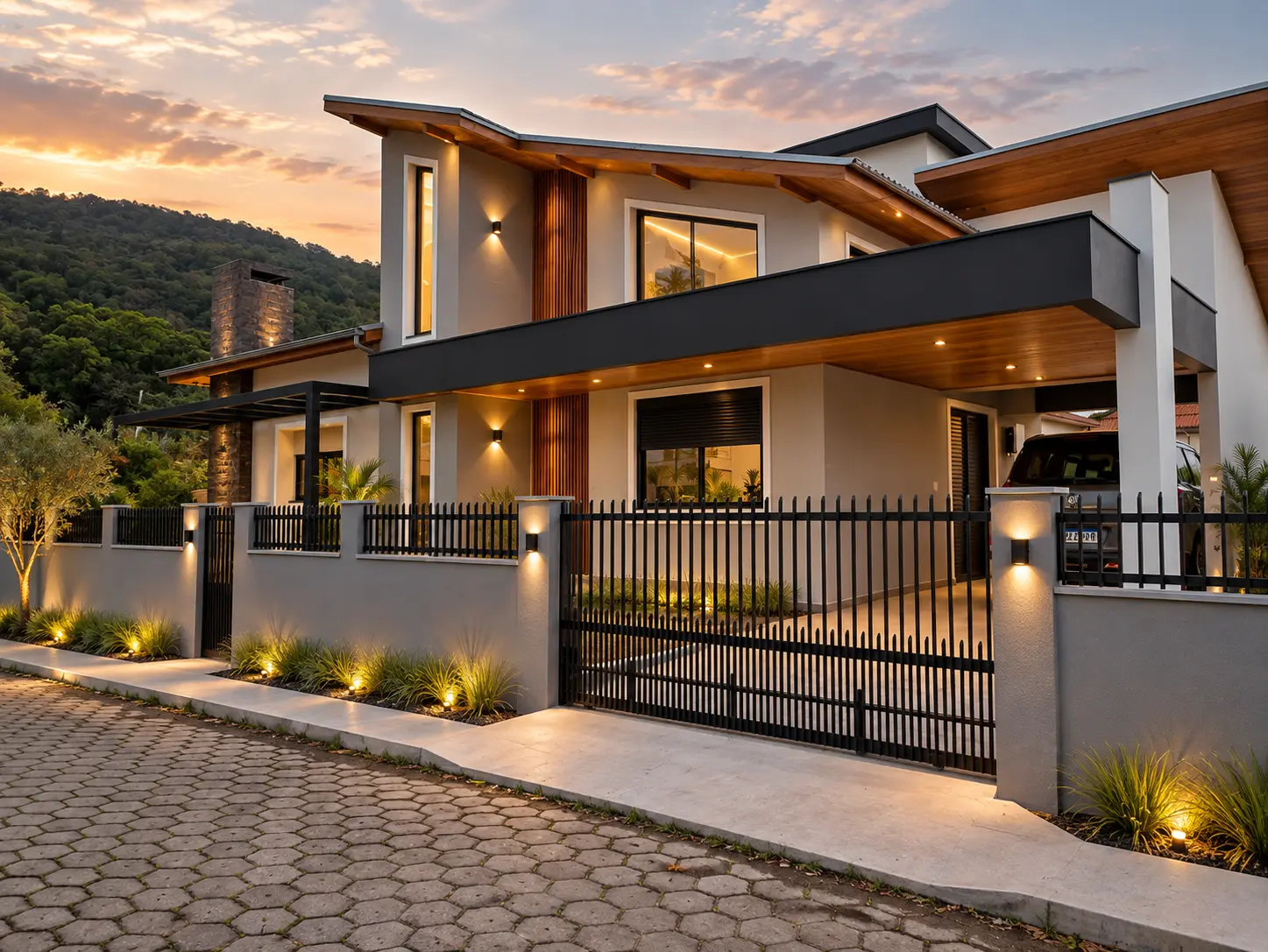 Fachada de residência contemporânea ao entardecer, com iluminação embutida e detalhes em madeira