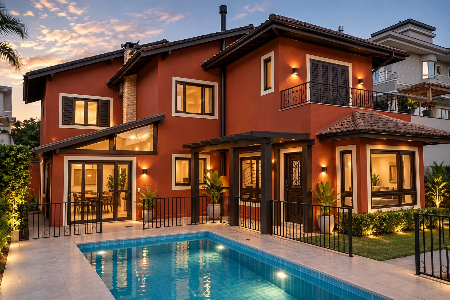 Casa reformada em tom terracota com pergolado de madeira e piscina no quintal ao entardecer