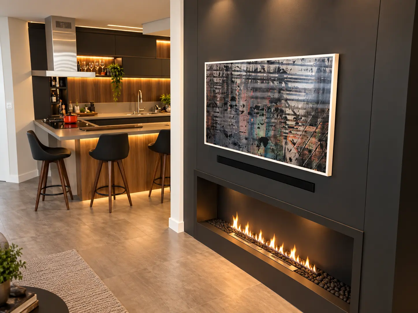 Sala de estar com lareira a etanol, painel de marcenaria e cozinha integrada ao fundo