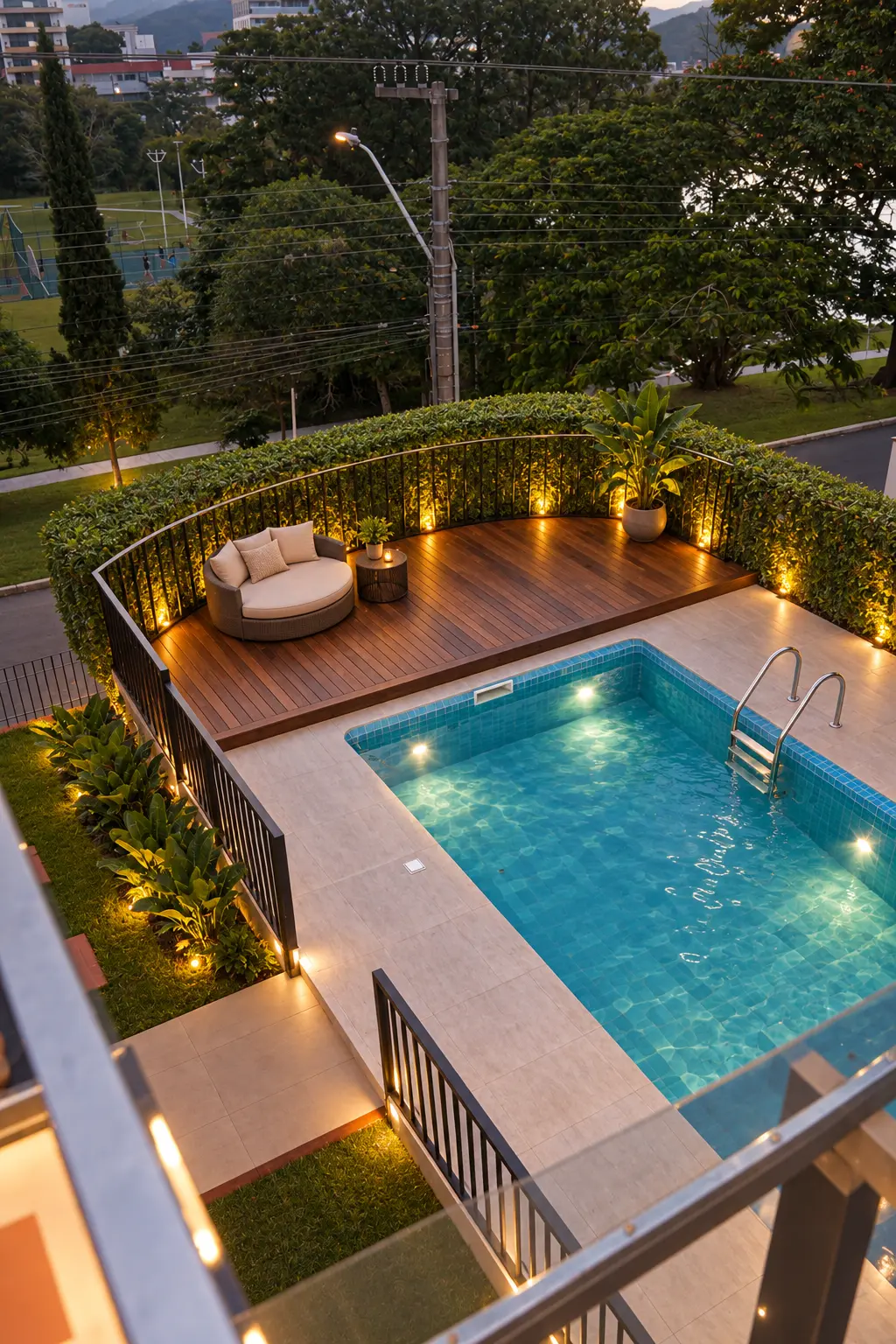 Vista aérea de piscina reformada com deck de madeira, iluminação de jardim e paisagismo
