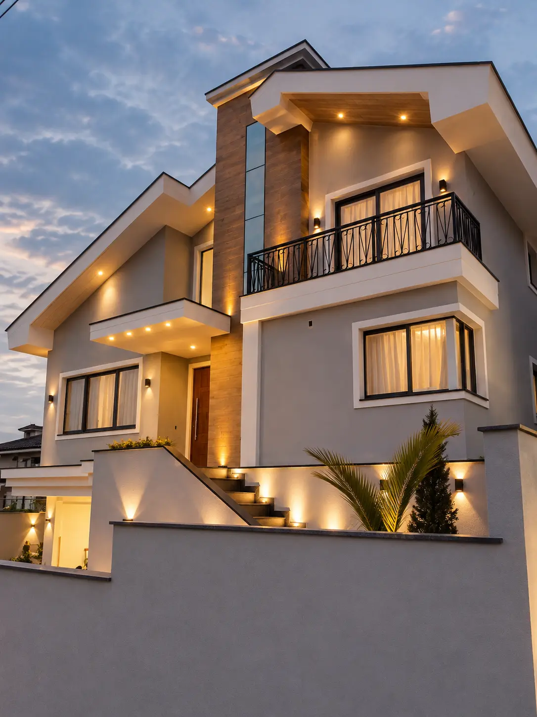 Fachada de residência de alto padrão ao entardecer, com iluminação embutida e portão eletrônico